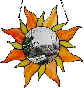 HolliveeyTiffany Style Stained Glass Window Panel with Mirror, for New Year's New House Decoration Hangings 12 inches Sun Mirror Decorative,Wall-Mounted MirrorsFashion Gifts