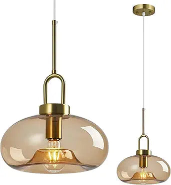 Light Brown Glass Pendant Lights Kitchen Island Gold Pendant Light Fixtures Adjustable Height Modern Pendant Lighting for Bedroom Dining Room (1-Pack)