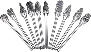10 Pieces Double Cut Tungsten Steel Solid Carbide Rotary Burrs Set with 1/10"(2.35mm) Shank Twist Drill Bits For Dremel Rotary Tools By HOHXEN
