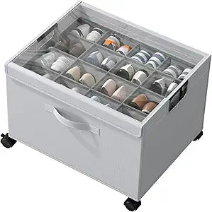 HOUSE AGAIN Shoe Organizer for Closet, Foldable Shoe Storage Organizer Box with Wheels and Adjustable Dividers, Sturdy Metal Frame Fits up to 16-32 Pairs, Large Shoes Storage with Clear Cover