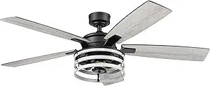 Honeywell Ceiling Fans Carnegie, 52 Inch Industrial Style Indoor LED Ceiling Fan with Light, Remote Control, Dual Mounting Options, 5 Dual Finish Blades, Reversible Airflow - 51855-01 (Matte Black)