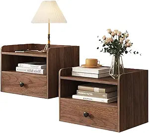 Floating Nightstand Set of 2, Rustic Walnut Bedside Tables with Raised Edge Top, Wall Mounted Nightstand with Drawer & Open Shelf, Modern Hanging End Table for Bedroom (Rustic Walnut)
