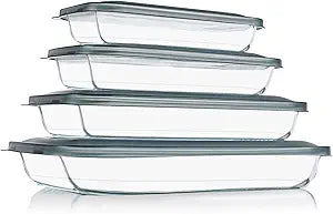 KOMUEE 8 Pieces Glass Baking Dish with Lids Rectangular Glass Baking Pan Bakeware Set with Lids, Baking Pans for Lasagna, Leftovers, Cooking, Kitchen, Fridge-to-Oven, Gray