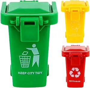 3Pcs Colorful Tiny Recycle Bin for Desk, Garbage Trash Pen Holder, Recycle Bin Pencil Holder, Miniature Garbage Truck's Trash Cans, Unique Small Trash Can Truck Toy with Lid Wheels, Decorations