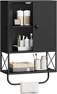 MAHANCRIS Bathroom Wall Cabinet with 2 Door and Adjustable Shelf, Farmhouse Medicine Cabinet with Towel Rack, 3-Tier Wall Mounted Storage Cabinet Over The Toilet for Bathroom Laundry Room, Black