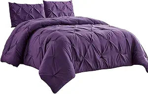 WPM 3 Piece Microfiber Purple Comforter Set King Size Pinch Pleat Pintuck Down Alternative Bedding - All Season Purple Bedroom Decor- JN1 (Dark Purple, King)