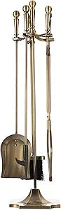 Lavish Home 5 Piece Fireplace Tools Set Indoor Outdoor - Fireplace Accessories Set with Poker,Tongs, Brush, Shovel, and Stand - Fire Tools for Fire Places, Firepits, and Woodstoves (Antique Brass)