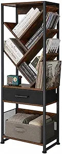 Bookshelf with Drawer,8 Tier Tree Bookcase Retro Floor Standing Bookshelves,Tall Wood Bookcases with Cabinet Storage Organizer for Living Room, Bedroom & Home Office, Classic