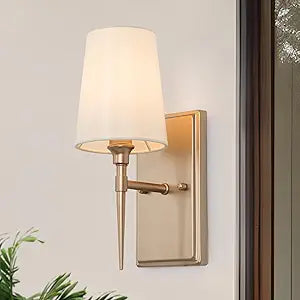 KSANA Sconces Wall Lighting, 1-Light Modern Gold Wall Sconces Indoor with White Fabric Shade, Wall Sconce Light Wall Lights for Bedroom, Living Room, Bathroom, Kitchen, Powder Room
