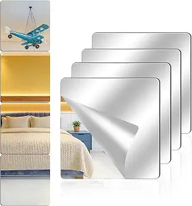 4 Pack Acrylic Mirrors for Wall,1010Inch Self Adhesive Frameless Small Mirror Tiles, Flexible Plastic Mirror Sheets for Bedroom Home Gym Door (4Pcs 1010inch)