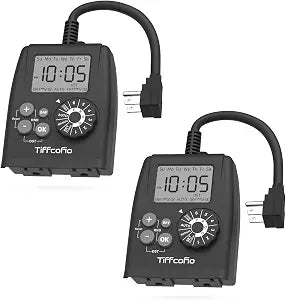 TiFFCOFiO New Digital Outdoor Timer Outlet, Dial Programmable Method, Outdoor Light Timer Waterproof, 2 Grounded Electrical Outlets for Christmas Lights, 6 Sets of Programs, 15A/1875W (2 Packs)