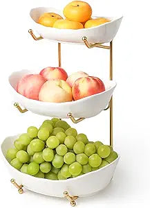 Kanwone Fruit Bowl for Kitchen Counter - 3 Tier with No Assembly Gold Stand & White Ceramic Bowls, Tiered Fruit Basket for Storage, Vegetables, Cake Display, Party Serving & Home Decor