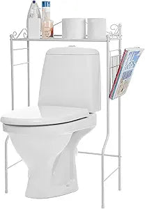 MyGift Over The Toilet Standing Shelf Storage with Magazine Basket, Freestanding Bathroom Space Saver Organizer Rack, White Metal Vintage Scrollwork Accents