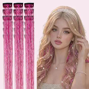 Hot Pink Hair Tinsel Clip In,18Pcs 24 Inch Fairy Hair Accessories