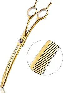 PURPLEBIRD 7 Inch Downward Curved Dog Grooming Scissors Thinning Texturizing Shears Professional Safety Blunt Tip Trimming Shearing for Dogs Cats Face Paws Limbs Japanese Stainless Steel Yellow