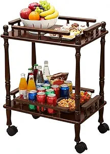 Small Rolling Cart Wood Side Table 2 Tier Kitchen Storage Trolley Compact Serving Cart for Narrow Spaces Sofa Couch Bedside Dark Brown