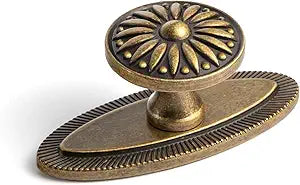 Goo-Ki 6 Pack Vintage Antique Brass Sunburst Cabinet Knobs with Marquise Backplate  Ornate Floral Design with Distressed Finish for Kitchen Drawers, Doors