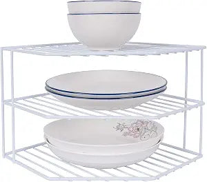 3-Tier Corner Shelf Counter and Cabinet Organizer - Steel Metal Wire - Rust Resistant - Plates, Dishes, Cabinet & Pantry Organizer - Kitchen Organization (10 x 7.5 Inch)(White)