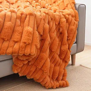 Doule Layer Super Soft Faux Fur Throw Blanket, Ribbed Design Sofa Cover Cozy Couch Blanket, Gift for Women Girls and Kids (Orange,Throw (51" x 63"))