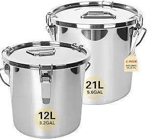 21L/5.6GAL and 12L/3.2GAL Stainless Steel Airtight Canister, Food Storage Canisters with Lid&Locking Clamp for Rice Flour Sugar Grain Coffee Bean Storage Containers (12L & 21L,2 CANISTERS)
