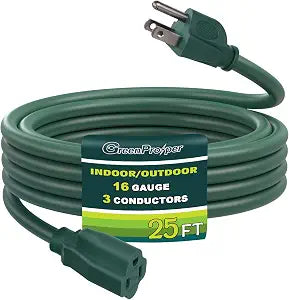 25 Ft Indoor Outdoor Green Extension Cord, 16 Gauge Waterproof Electrical Power Cable, 16/3 SJTW 3 Prong Grounded Plug, 13A 1625W, UL Listed
