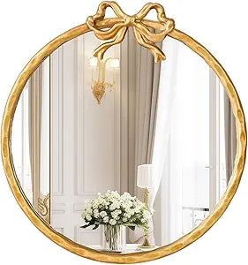 12 Inch Round Gold Mirror, Vintage Gold Mirror, Round Mirrors for Wall Decor, Antique Ornate Metal Circle Mirror with Baroque Bow for Bathroom Vanity Bedroom, Spring Women's Gift