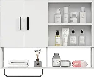 Bathroom Wall Cabinet, Medicine Cabinet, Wall Mounted Bathroom Cabinet with 2 Doors & Towel Bar, Over The Toilet Storage Cabinet for Laundry & Kitchen, White
