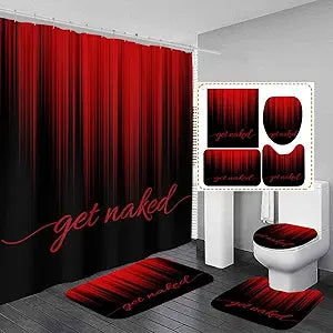 AAtter 4 Piece Red and Black Shower Curtain Set Get Naked Funny Adults Gothic Mens 60Wx72L Curtains Decor with Non-Slip Rugs, Toilet Lid Cover and Bath Mat Bathroom Accessorie Home Bathtub Set, Ombre