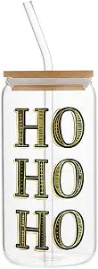 Santa Barabara Design Studio Gold-Foil Embellished Holiday Cold Brew Glass Travel Tumbler Cup with Bamboo Lid and Glass Straw, 16 Fluid Ounces, Ho Ho Ho