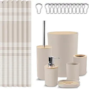 Britimes Bathroom Accessories Sets, Boho Shower Curtain Set with Trash Can, Soap Dispenser, Toilet Brush Holder, Toothbrush Holder and Toothbrush Cup for Bathroom Decor (Beige)