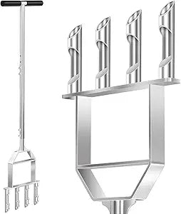 Suntee Lawn Aerator Tool, All Stainless Steel Manual Core Aerator Lawn Tool with 4 Hollow Tines, Adjustable Height Semi-Assembled Heavy Duty Steel Grass Aeration for Lawn Care, Silver