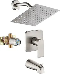 Brushed Nickel Tub Shower Faucet Set Complete with 8-Inch Rainfall Shower Head and Tub Spout Included Shower Valve Tub Shower Trim Kit Matte Black