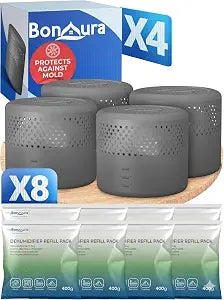 4x Dehumidifier Without Electricity + 8 x 14oz Refill Pack - Room Dehumidifier Up To 430 ft For Cellars, Bathrooms and Much More - Dehumidifier and Granules In a Set