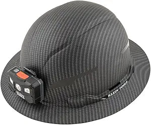 Klein Tools 60346 Hard Hat, Non-Vented Full Brim, Class E, Premium KARBN Pattern, Rechargeable Lamp, Padded Sweat-Wicking Sweatband, Top Pad