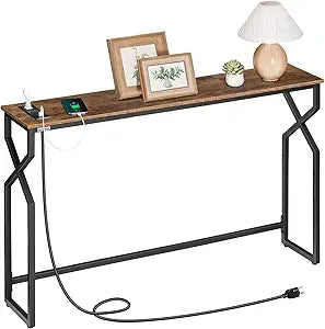 MAHANCRIS 44.9" Sofa Table, 9.4" Narrow Console Table with Charging Station, Couch Table Behind Sofa with Outlet, Entryway Table with Display Shelf, Living Room, Rustic Brown CTHR113E01