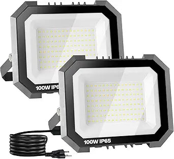 Leddictive 2 Pack LED Flood Lights Outdoor, 100W 10000LM Super Bright Floodlight Outside Work Light with 5.9FT Plug, IP65 Waterproof 6000K Outdoor LED Flood Light for Garage, Yard, Lawn, Garden