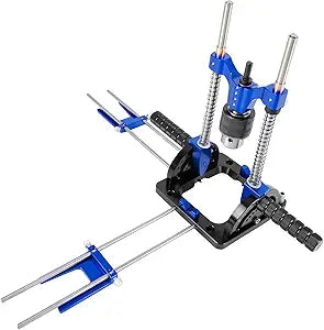 Upgraded Portable Drill Guide  0 to 60 & 90 Adjustable Aluminum Drill Jig with 6.5" Wide Base, 1/2" Chuck, Self-Centering Pins, Dual Guide Rods & Depth Stop  Precision Fixture for Wood