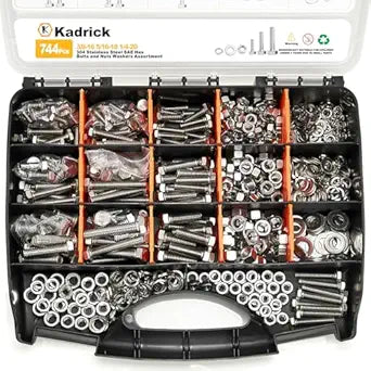 Kadrick 744Pcs 18-8(304) Stainless Steel Hex Bolts Assortment,1/4-20 5/16-18 3/8-16 Heavy Duty Bolts and Nuts Kit, Assorted SAE Bolts Nuts Flat&Lock Washers,Lenth Form 1/2''-2''