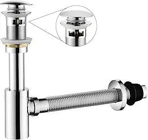 Bathroom Sink P-Trap Complete Set Adjustable Threaded Tube 1-1/4 Bottle Trap Solid Brass Sink Drain Stopper,Threaded Tube Design for Bending Angles, Overflow Design, Polished Chrome