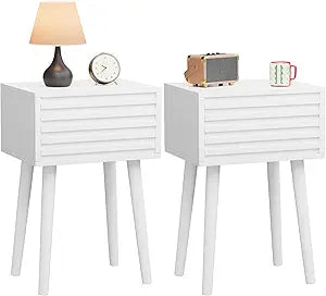 YMYNY Fluted Nightstand Set of 2, Small Bedside Table, Mid-Century Modern End Table, Push-to-Open Door, Solid Wood Legs, 13.78" x 10.63" x 20.87", for Bedroom, White UHST018W-2