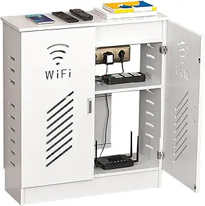 WiFi Router Storage Cabinet with Adjustable Shelves, PVC Floor Standing Router Storage Box Modem for Home Office, No Back Panel (White)