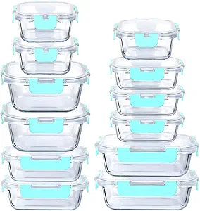 Glass Food Containers Storage Organizers for Kitchen Pantry | BPA Free | Leak Proof | Odor Proof | Stain Resistant | 12 Sets | Freezer and Oven Safe (Blue)