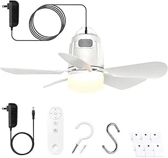 Gliztech Gazebo Fan Outdoor Hanging with Light, Patio Plug in Ceiling Fan with 16.5ft Cord, Remote & Hook, Portable for Outside Canopy, Pop up Tent, Pergola (20'')