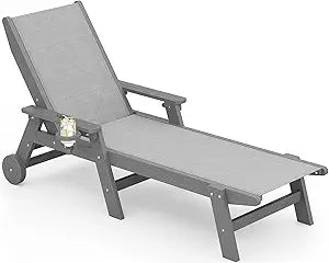 SERWALL Textilene Patio Chaise Lounge Chair, 5 Positions Adjustable Outdoor Lounger with Rolling Wheels for Pool, Deck, Gray