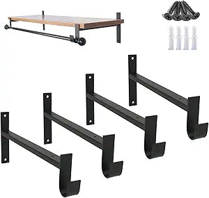 AddGrace Closet Rod Bracket Heavy Duty Shelf Brackets 12 Inch Black Wall Mounted Closet Rod Support with Pole Holder Industrial Iron Shelving Supports with Hook (4 Pack)