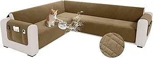 Waterproof L Shaped Couch Cover for Sectional Sofa Velvet Quilted Corner Sofa Cover L Shape Furniture Protector Slipcover Set with Non Slip Straps for Pets Dogs Kids (X-Large, Camel)