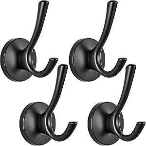 Towel Hooks-Coat Robe Hooks-Heavy Duty Metal Double Bathrobe Hook-Black Towel Hooks for Bathrooms-Kitchen Closet Garage4Pcs Black