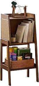 Welnow Bamboo Rattan Bookcase with Cabinet, 1-Tier Storage Shelf with Side Table & End Table Function, Large Modern Wood Organizer for Living Room or Bedroom, Walnut Bookshelf
