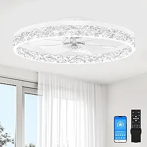VOLISUN Fandelier Ceiling Fans with Light, 23.6in Low Profile Ceiling Fan with Light and Remote, 3000K-6500K Dimmable Bladeless Ceiling Fan Flush Mount, White Modern Ceiling Fan with Light for Bedroom