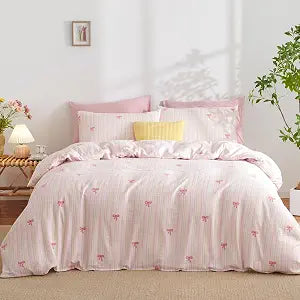 Kids Girls Pink Duvet Cover Queen, 3 Piece Rainbow Striped Bedding Set, Cute Princess Bow & Stripes Design, 1 Duvet Cover and 2 Pillowcases, Ultra Soft Breathable Microfibre Reversible
